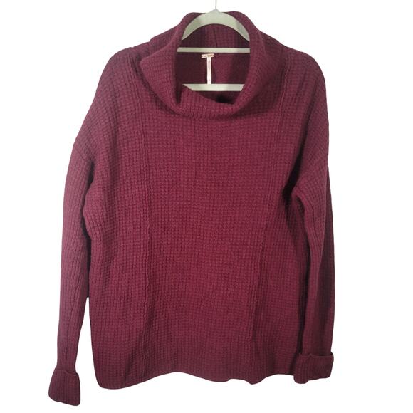 Free People 100% Wool Burgundy Waffle-Knit Sweater Women’s Large - Picture 1 of 9